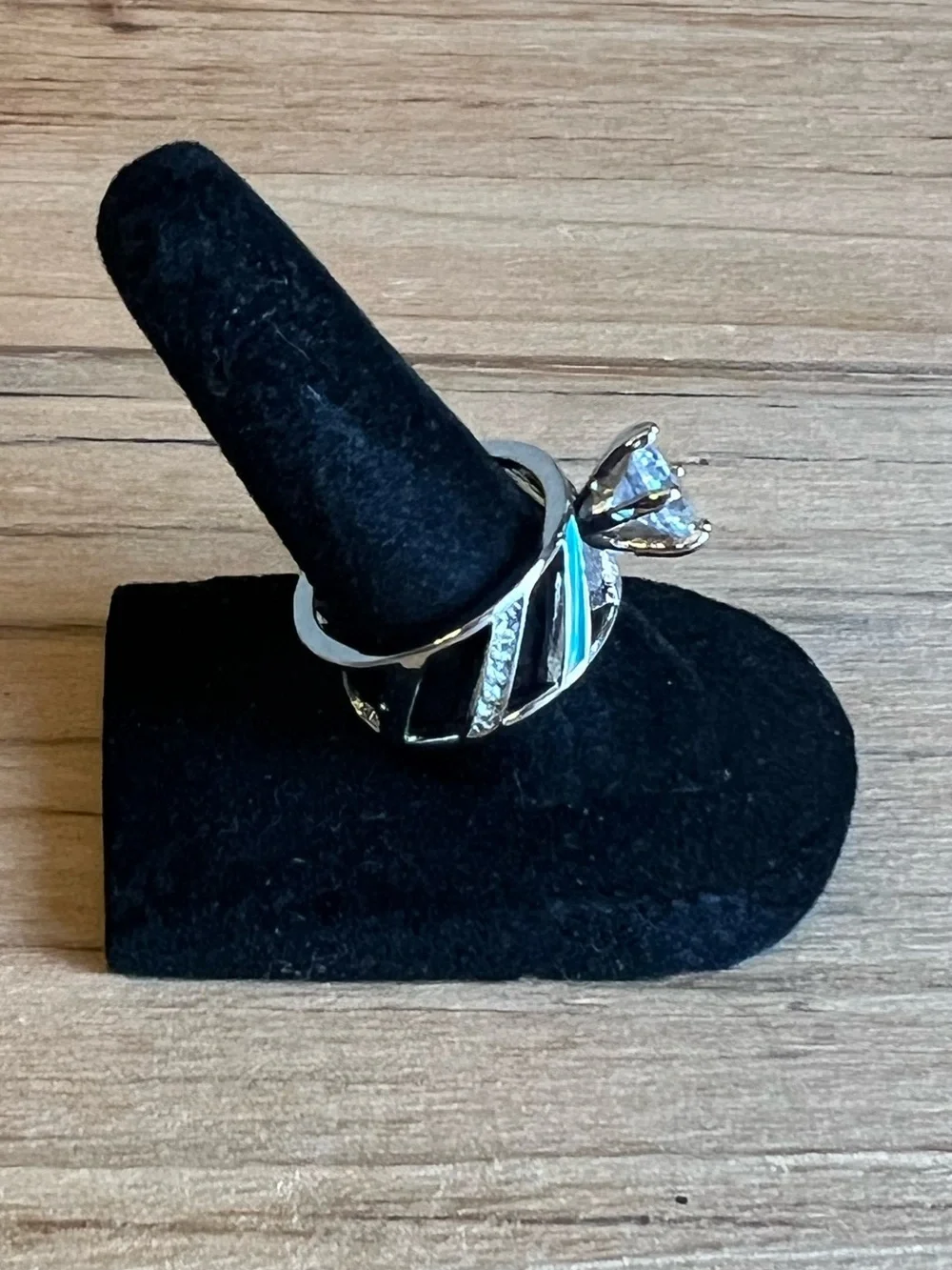 Turquoise Accent Ring with Clear Cubic Zirconia Center Stone-Silver Tone-Size 7